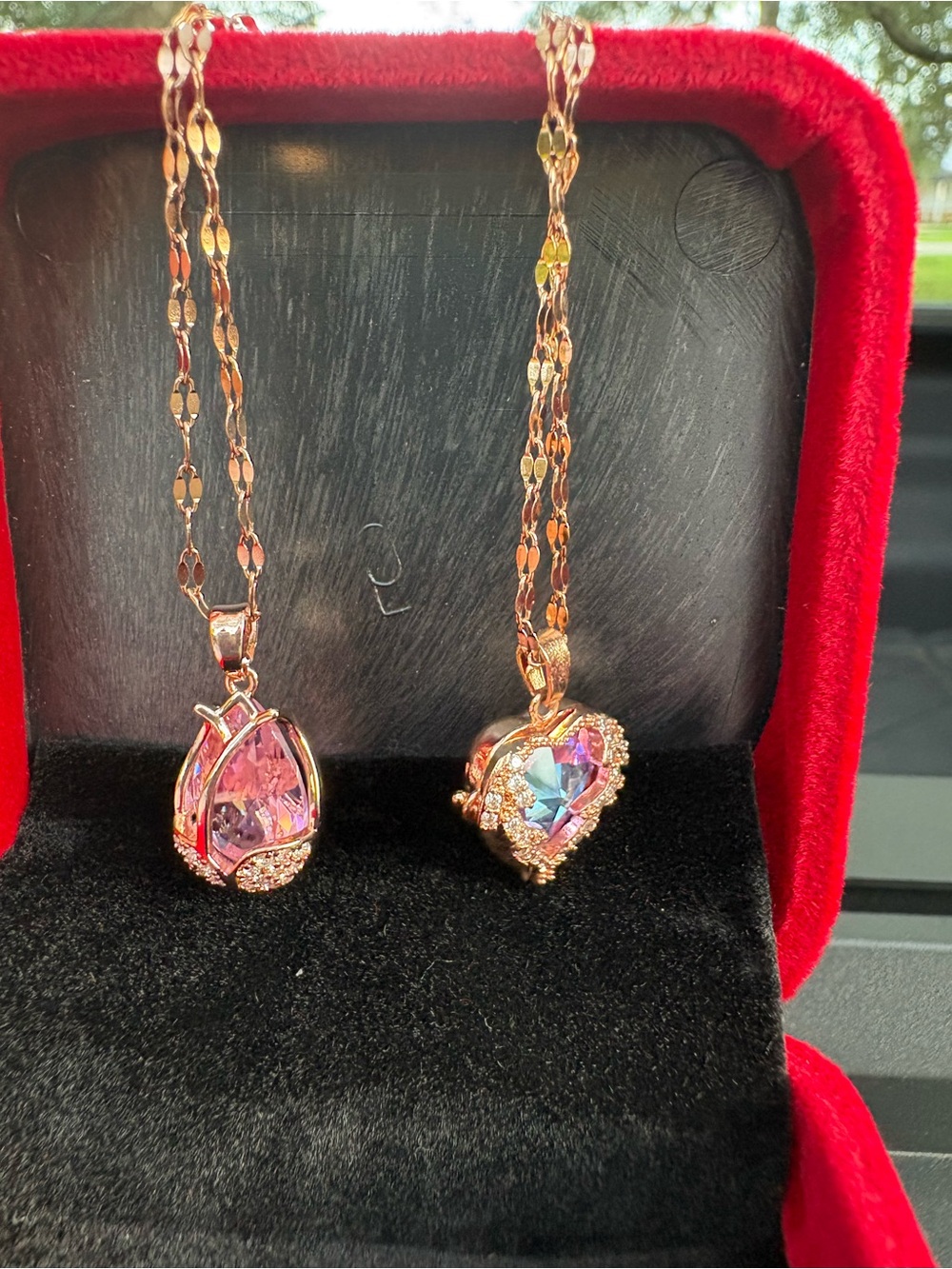 Rose Gold Heart & Teardrop Crystal Necklace Set - Pink Crystal Accent